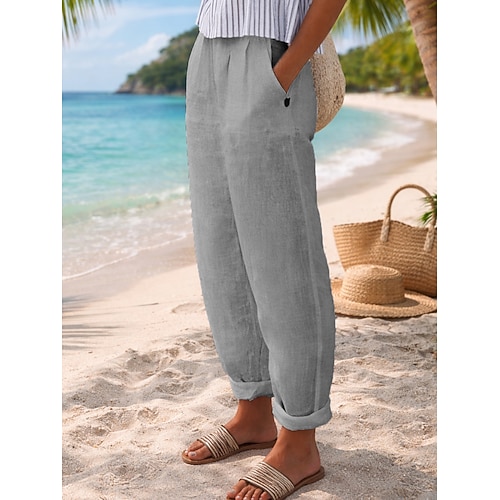 Damen Hose aus Baumwollleinen Chinos Urlaub Streetwear Basic Volle Länge Mittlere Taillenlinie Einfach Tasche Bequem Leicht Atmungsaktiv Unelastisch Täglich Outdoor Urlaub Blau Hellgrau Grau Weiß Image