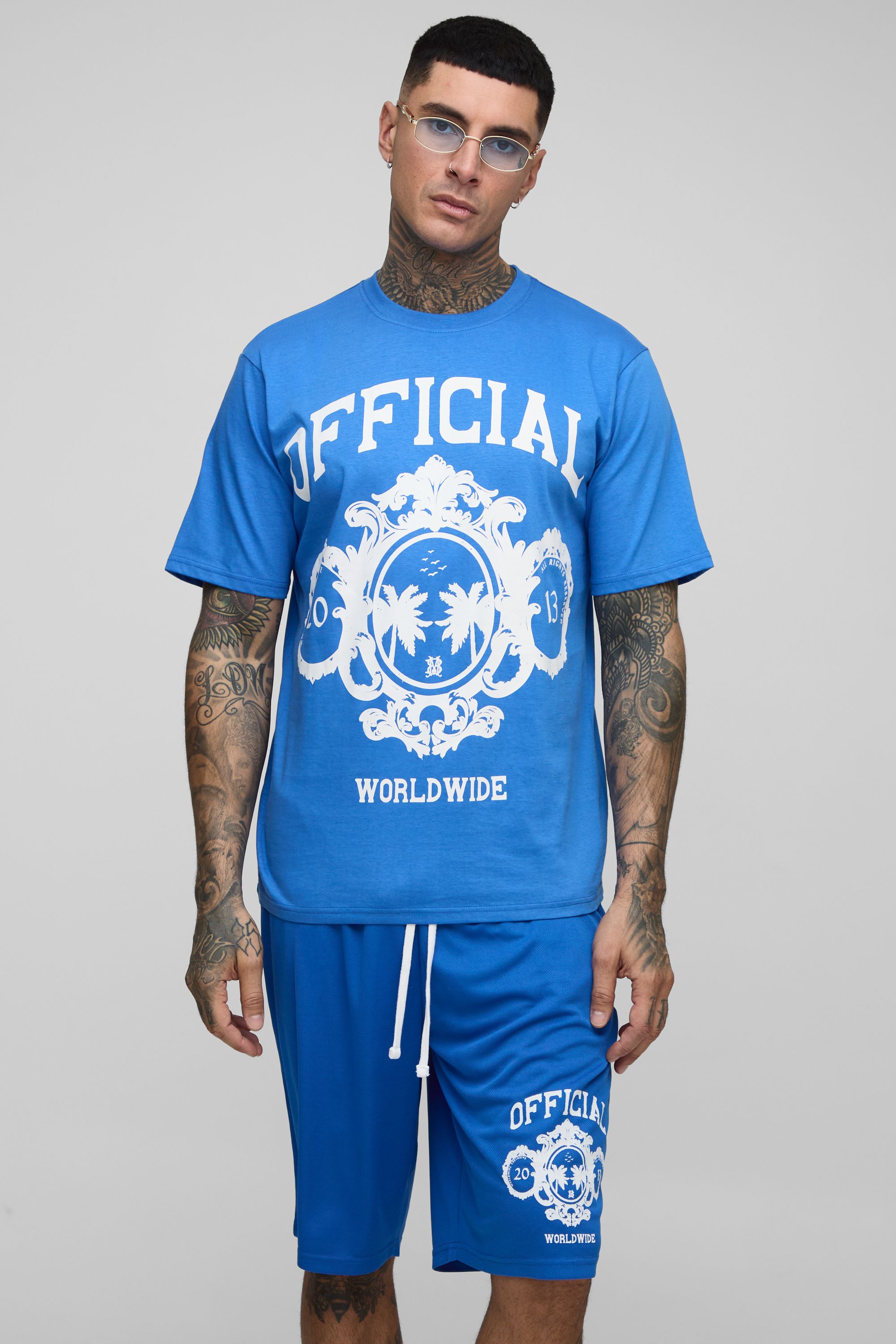 Boohooman Mens Tall Regular Fit Official Varsity Print T-shirt & Basketball Fit Short Set - Blue Cotton - Size Small