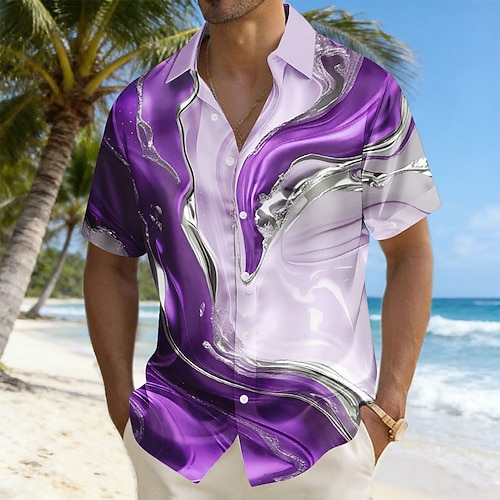 Herren Geometrisch Marmor Abstrakte flüssige Kunst Hemd Satinhemd Kleidhemd Kurzarm Modisch lässig Täglich Urlaub Sommer Frühling Umlegekragen 3D-Druck Hemden mit Knopfleiste Blau Gelb Purpur Grün Image