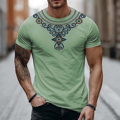 Weißes Herren-T-Shirt mit blau-goldenem Ausschnitt, Ethno-Boho-Print, Kurzarm, Slim Fit, Sommer, Freizeit, Größen: S, M, L, XL, XXL, XXXL Image
