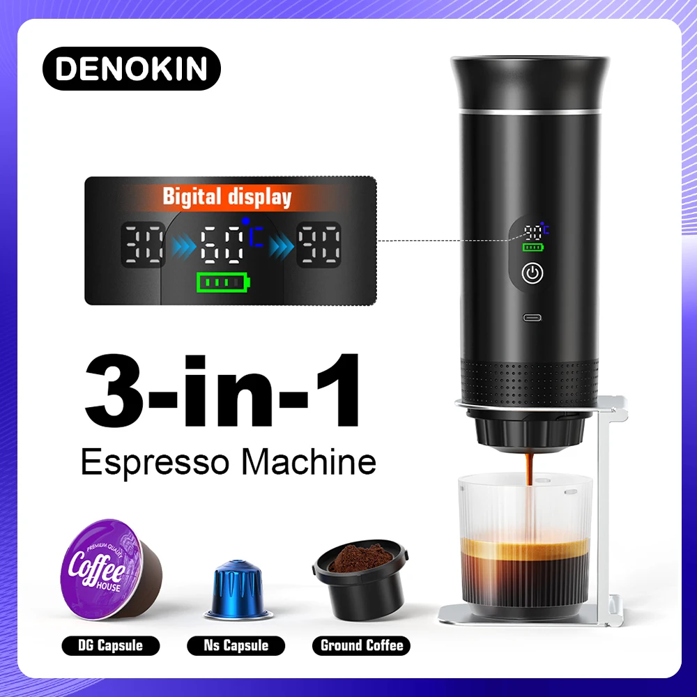 DENOKIN Macchina per caffè espresso portatile con display digitale Macchina per caffè a capsule 3 in 1 per macchina da caffè da campeggio per auto e casa