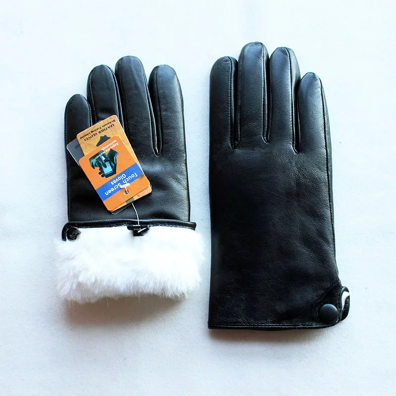 Guanti invernali spessi e caldi in pelle di pecora touch screen Guanti da uomo in pelle bianca con fodera in pelliccia di coniglio Guanti da vento e dita fredde per esterni