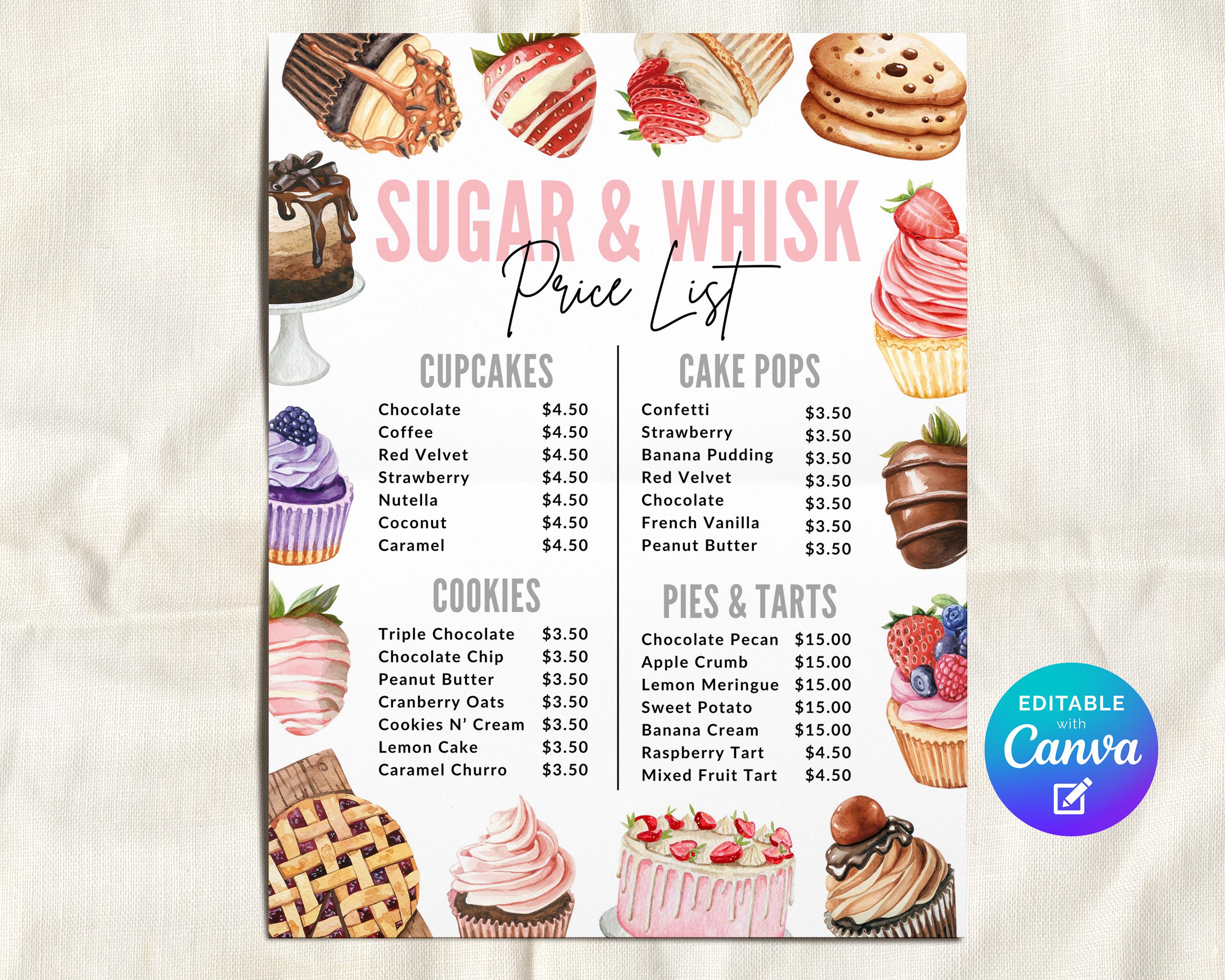 Modello modificabile per listino prezzi di panetteria, menù di torte per panetteria casalinga, menù di cupcake e dessert per piccola impresa di panett