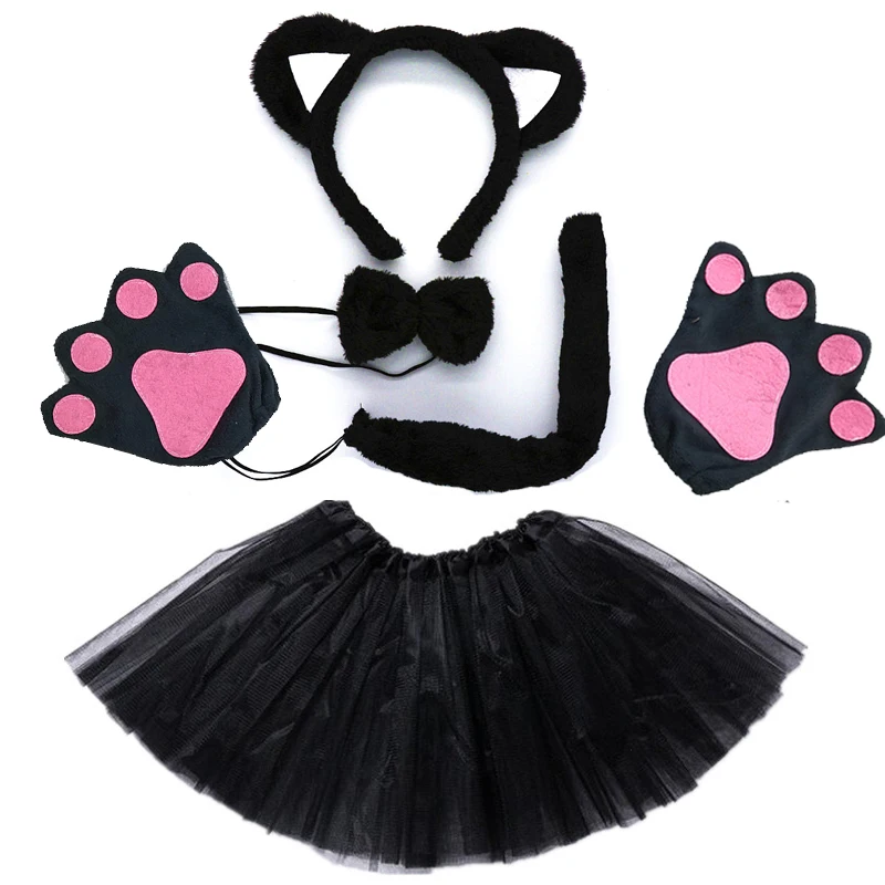 Erwachsene Kinder Party schwarz weiß rosa Katze Ohr Stirnband Schwanz Krawatte Rock Tutu Tier Plüsch Halloween Kostüm Cosplay Image