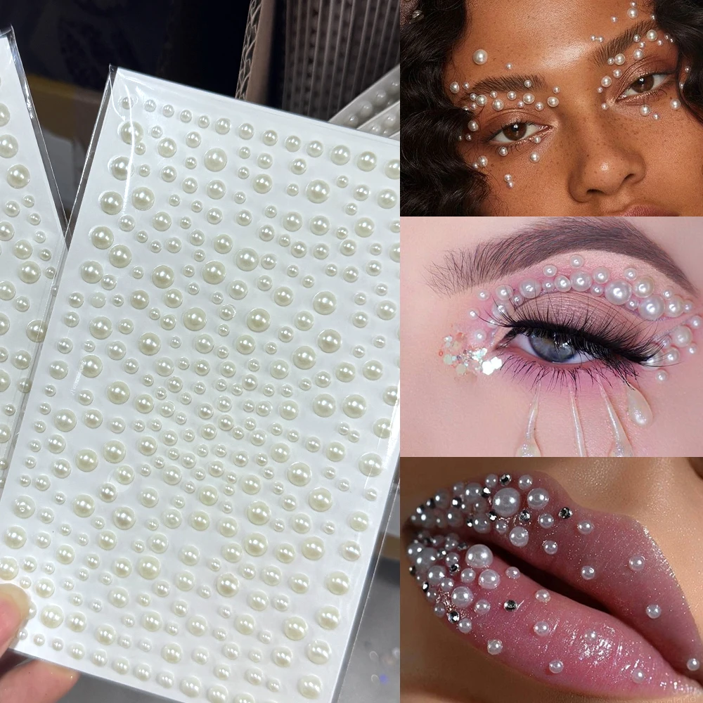 325 Stück/Blatt gemischte weiße Perle Gesichts-Make-up-Aufkleber 3/4/5/6 mm halbrunde Perlen Augen Lippen Strass Edelstein Tattoo Aufkleber Gesicht Deko Image