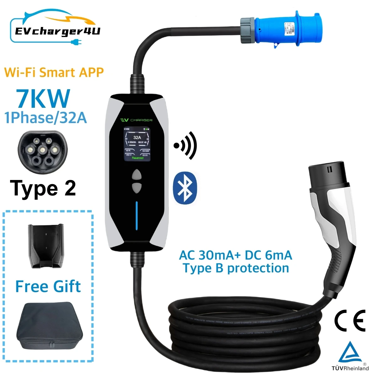 EVcharger4U Typ2 IEC62196 EV Tragbares Ladegerät 1P 7KW 6A-32A Einstellstrom Smart APP WiFi-Steuerung für Elektrofahrzeuge Image