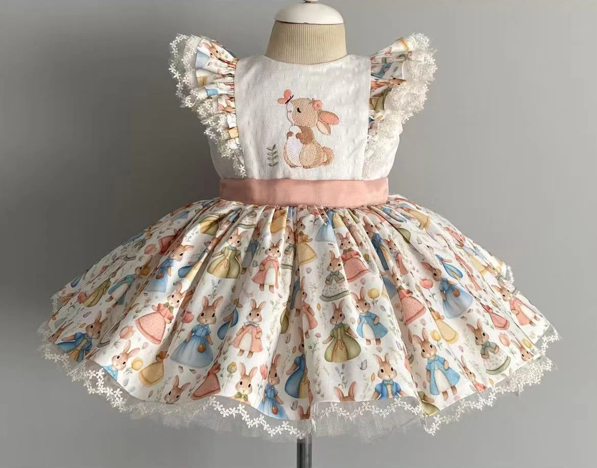 0-12 Jahre Baby Mädchen Kaninchen Stickerei Vintage Prinzessin Kleid für Urlaub Geburtstag Fotografie B305 Image