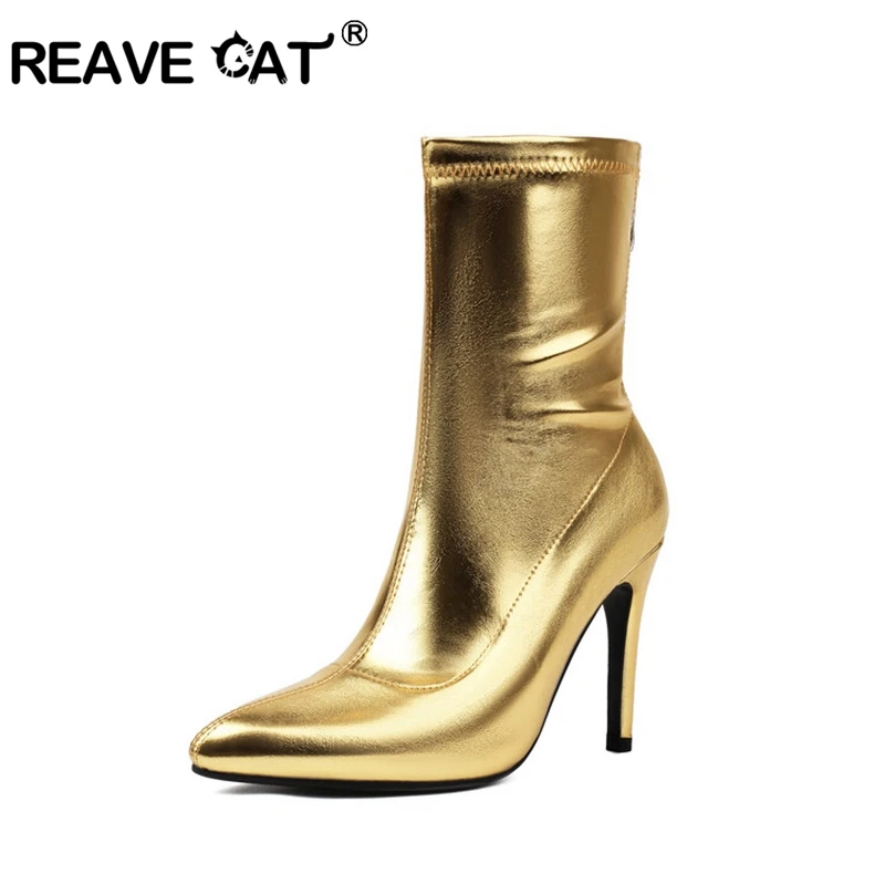 REAVE CAT Fashion 10 cm Stiletto-Absatz Kunstleder Stiefeletten Herbst Anti-Rutsch-Schuhe Große Größe 45 46 47 48 US17 Gold