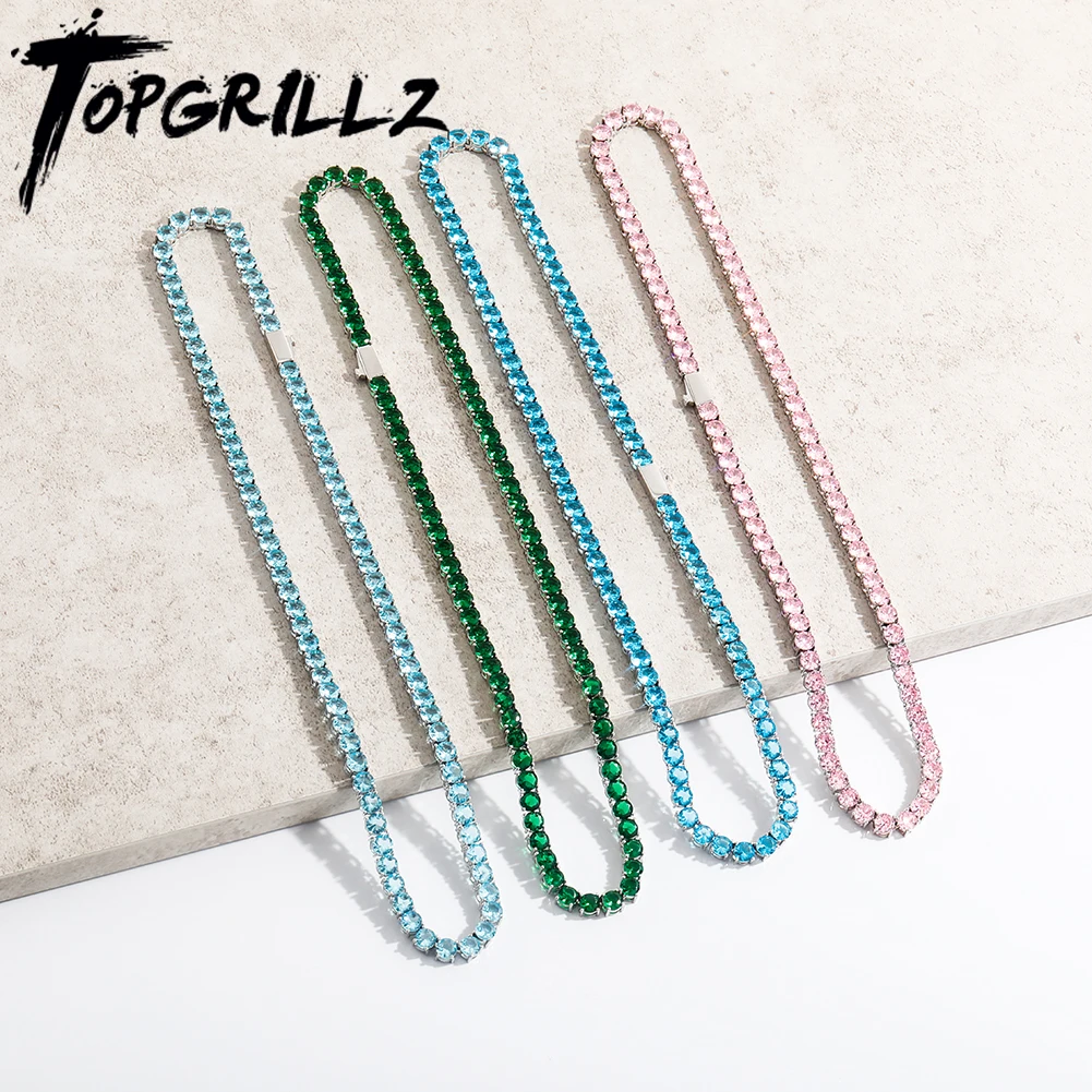 TOPGRILLZ Hüfte Hop Klassische Bunte 5MM Tennis Kette Wasserdicht und Farbe Retention Halskette Iced Blau/Grün/Rosa zirkonia Image