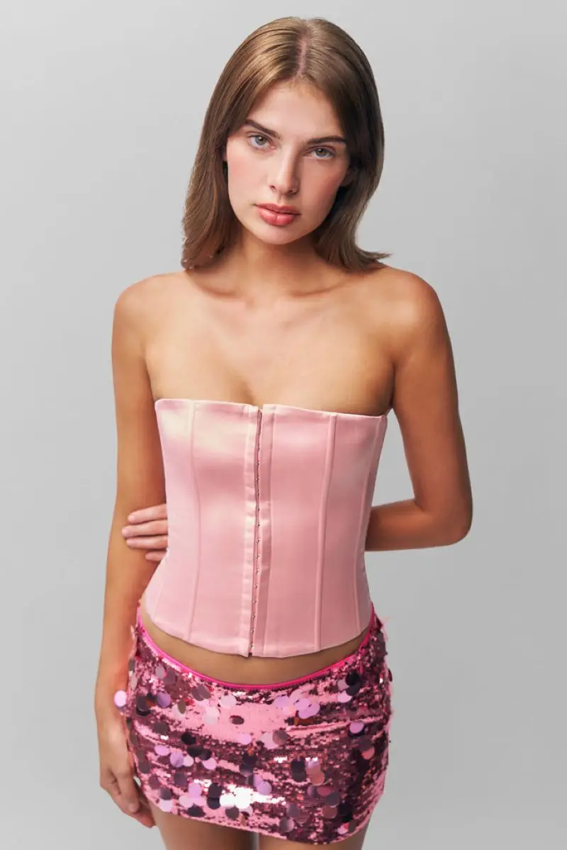 Guiz Pink Fishbone Tube Top, sexy, eng anliegendes Korsett-Top, verstellbares Rückenriemen-Design