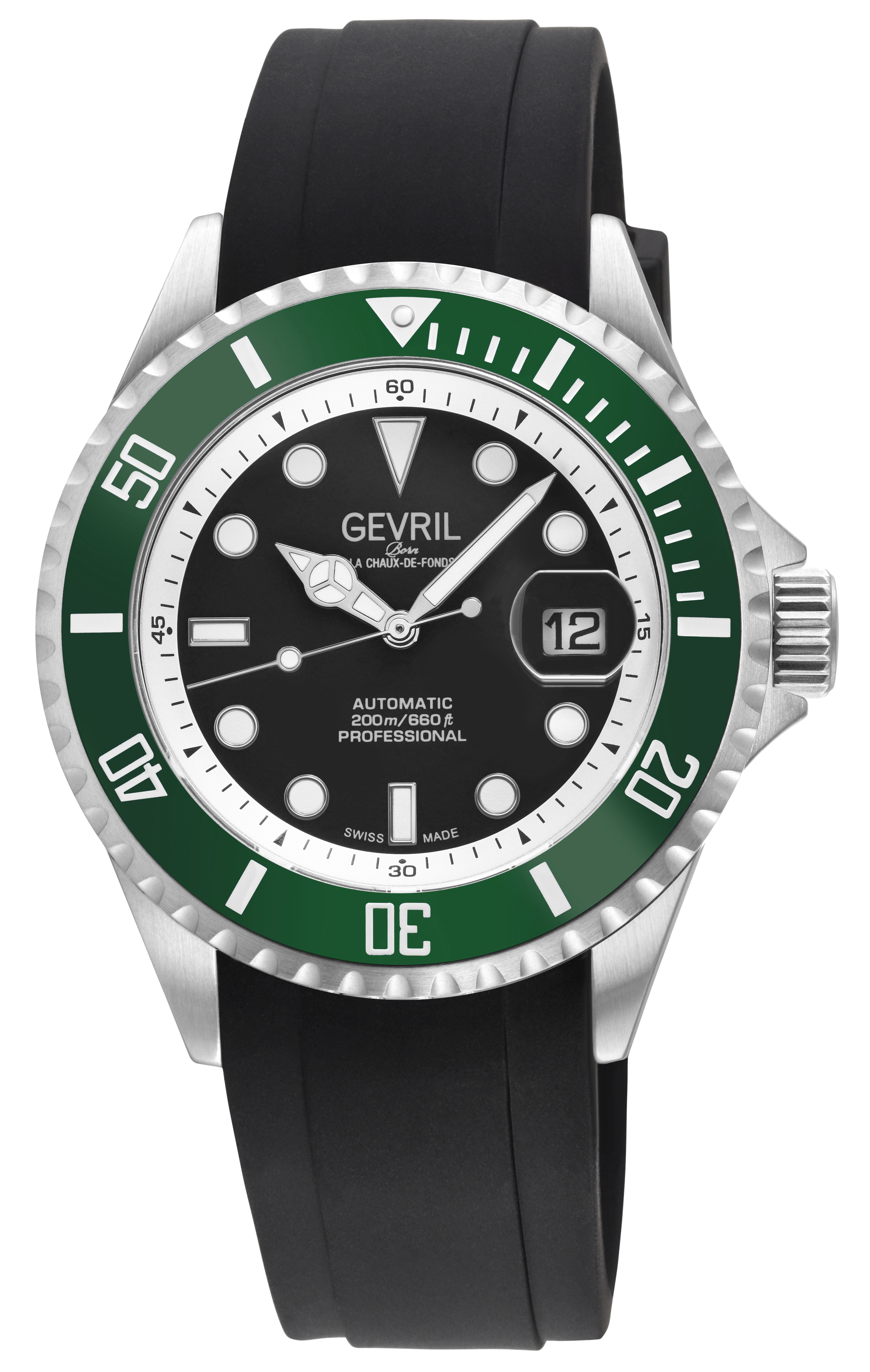 Gevril Mens Wall Street Swiss Automatic Sellita SW200-1 Green Bezel Black Enamel Watch - One Size | Gevril Sale | Discount Designer Brands