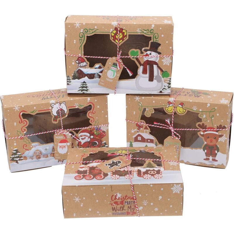 Altre Decorazioni Natalizie, 12 Set 22x15x7cm Scatole Di Carta Kraft Con Finestra Trasparente, Scatola Per Dolci Con Motivo Natalizio Con Corda E Finestra, Scatola Regalo Per Dolci, Biscotti, Cupcake