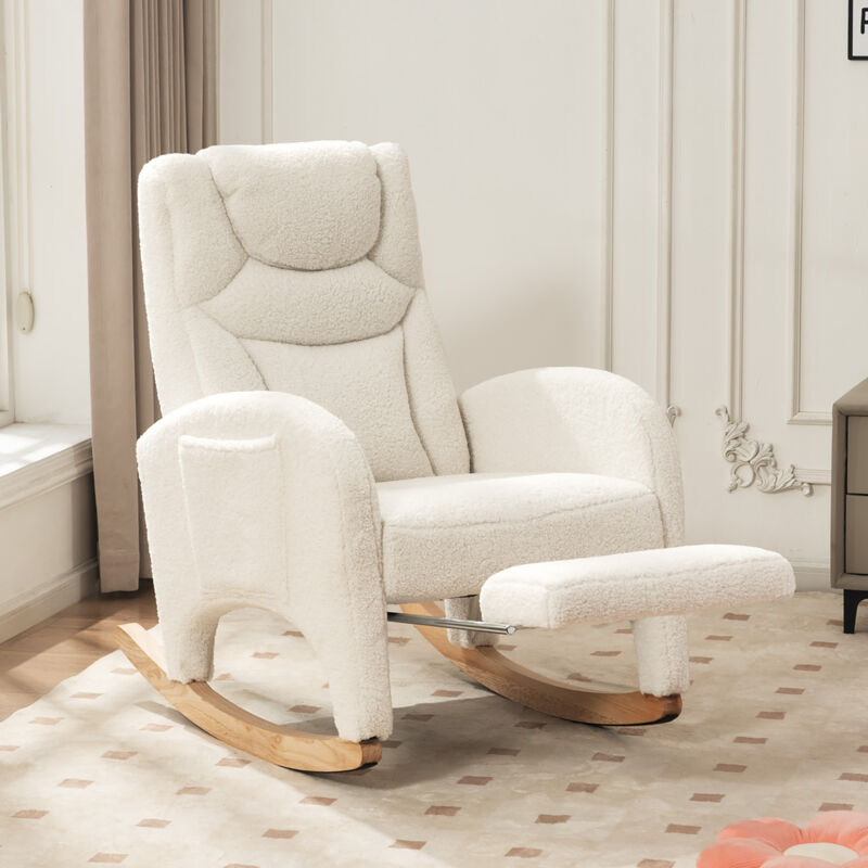Okwish - 052 Sedia A Dondolo, Sedia Relax, Sedia Da Soggiorno Con Braccioli, Sedia A Dondolo Imbottita, Sedia Da Camera Da Letto, Tessuto In Pelliccia Sintetica Bianca, Capacità Di Carico 110 Kg