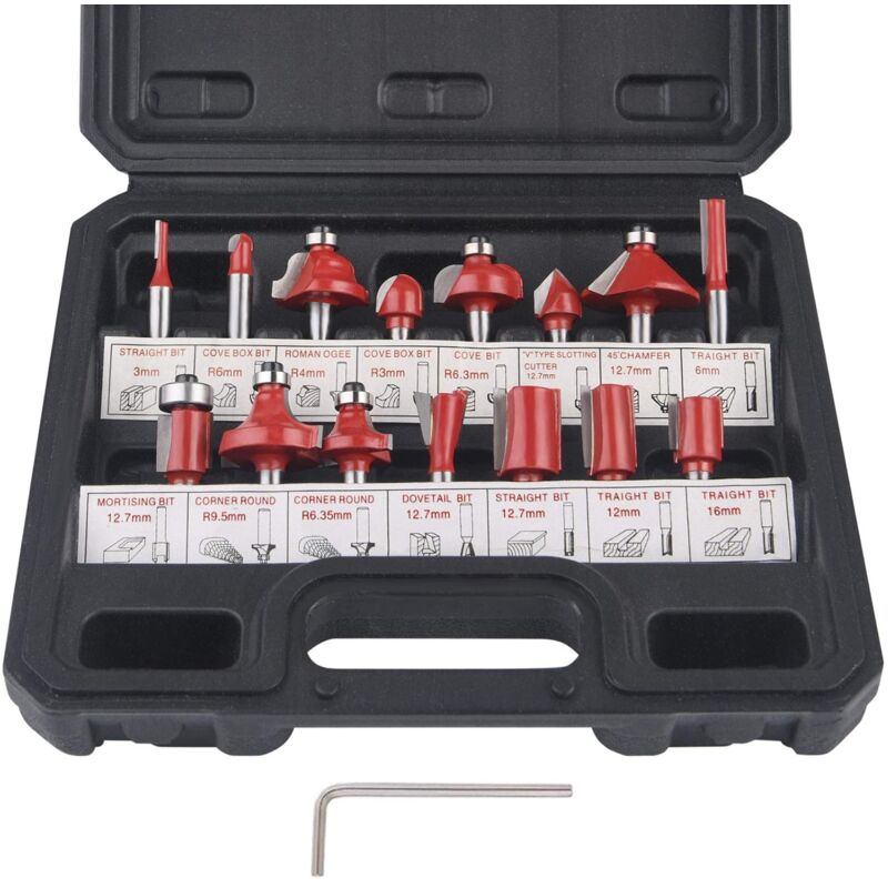 Set Di 15 Punte Per Fresatrice, 6,35 Mm, Gambo Da 1/4 Di Pollice, Punta Per Fresatrice Per Lavorazione Del Legno Con Punta In Carburo Di Tungsteno, Punta Da Trapano Con Gambo In Acciaio Forgiato