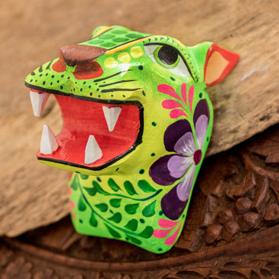 'Hand-Painted Jaguar Wall Mask Carved from Reclaimed Wood'