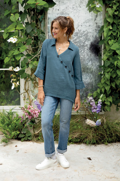 Chic Asymmetry in Dusty Teal,'Blue Three Quarter Sleeve Sidetail Double Cotton Gauze Tunic'