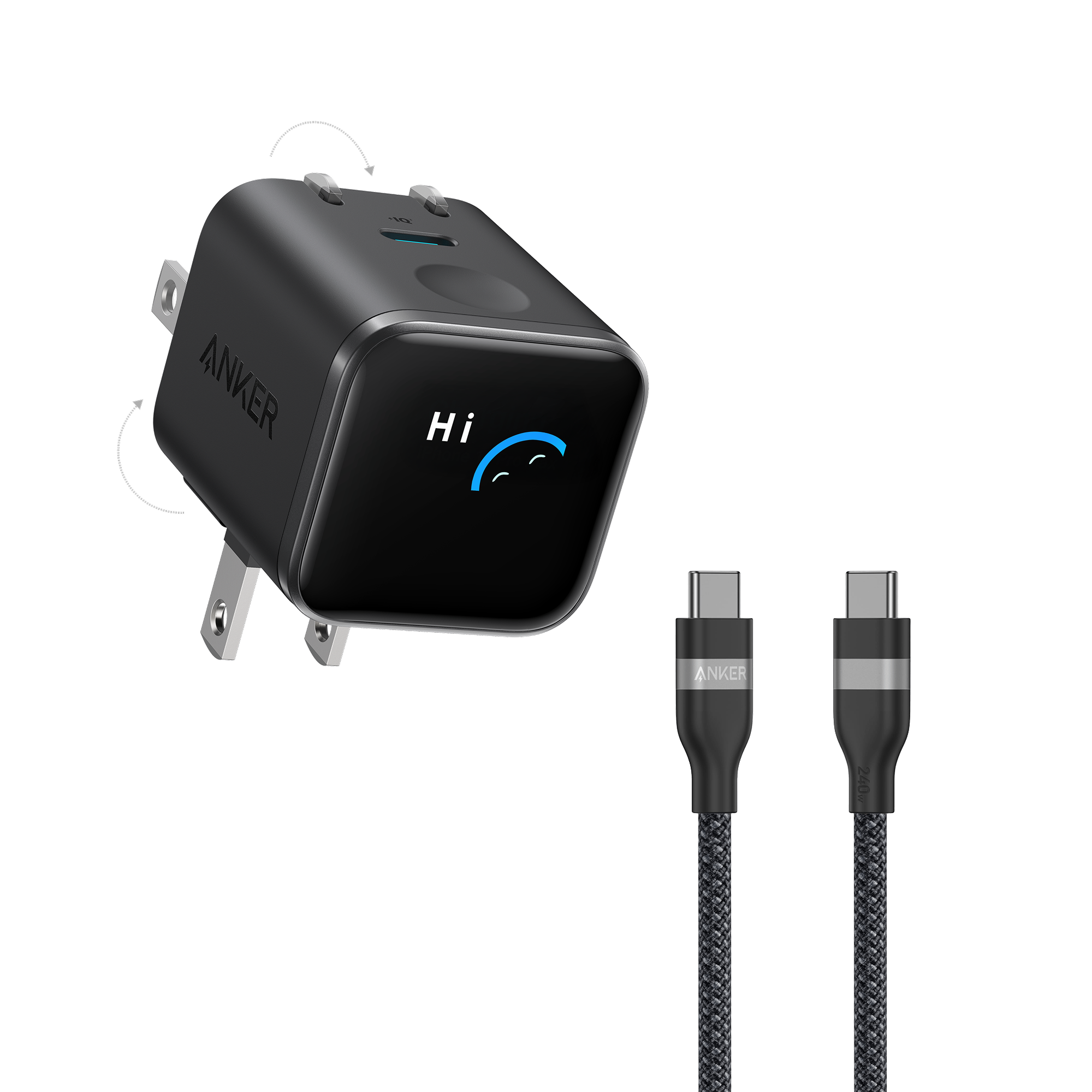 Anker Nano Charger (45W, Smart Display, 180Â° Foldable) and USB-C to USB-C Cable