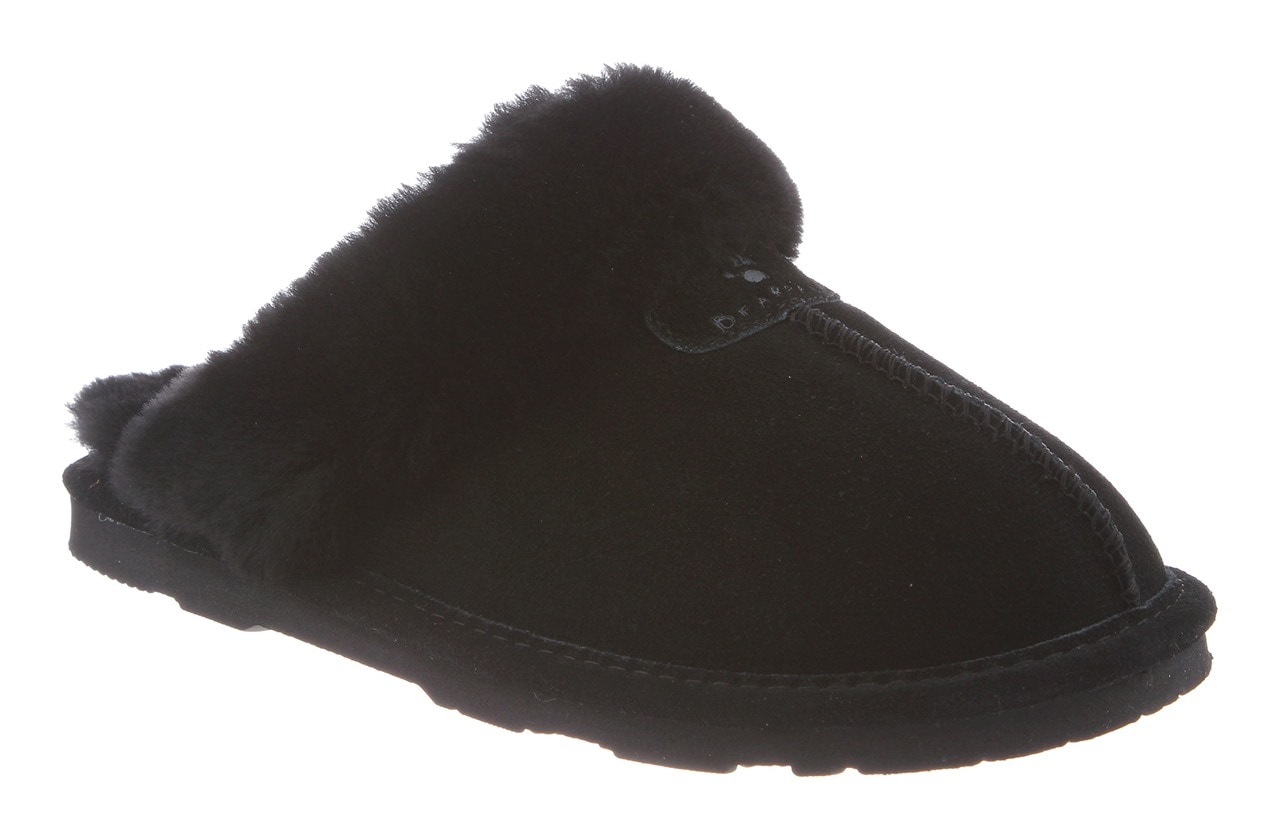 Hausschuh BEARPAW "Loki", Damen, Gr. 37, schwarz, Veloursleder, Fellimitat, Basic, Schuhe Hausschuh, Home Slipper, Pantoffel mit Warmfutter
