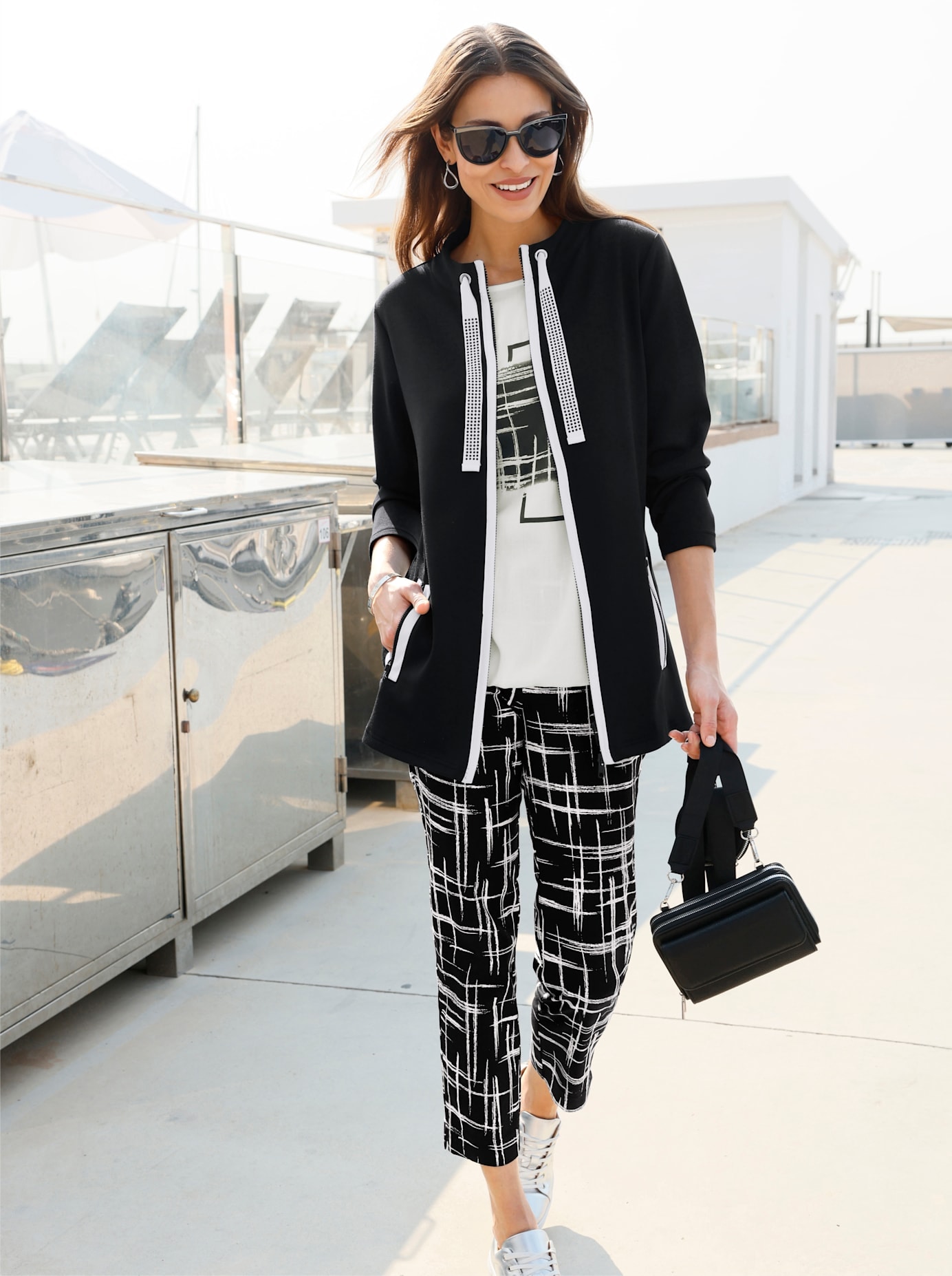 Shirtjacke INSPIRATIONEN "Sweatjacke", Damen, Gr. 44, schwarz, 50% Modal, 44% Polyester, 6% Elasthan, unifarben, Shirts Shirtjacke