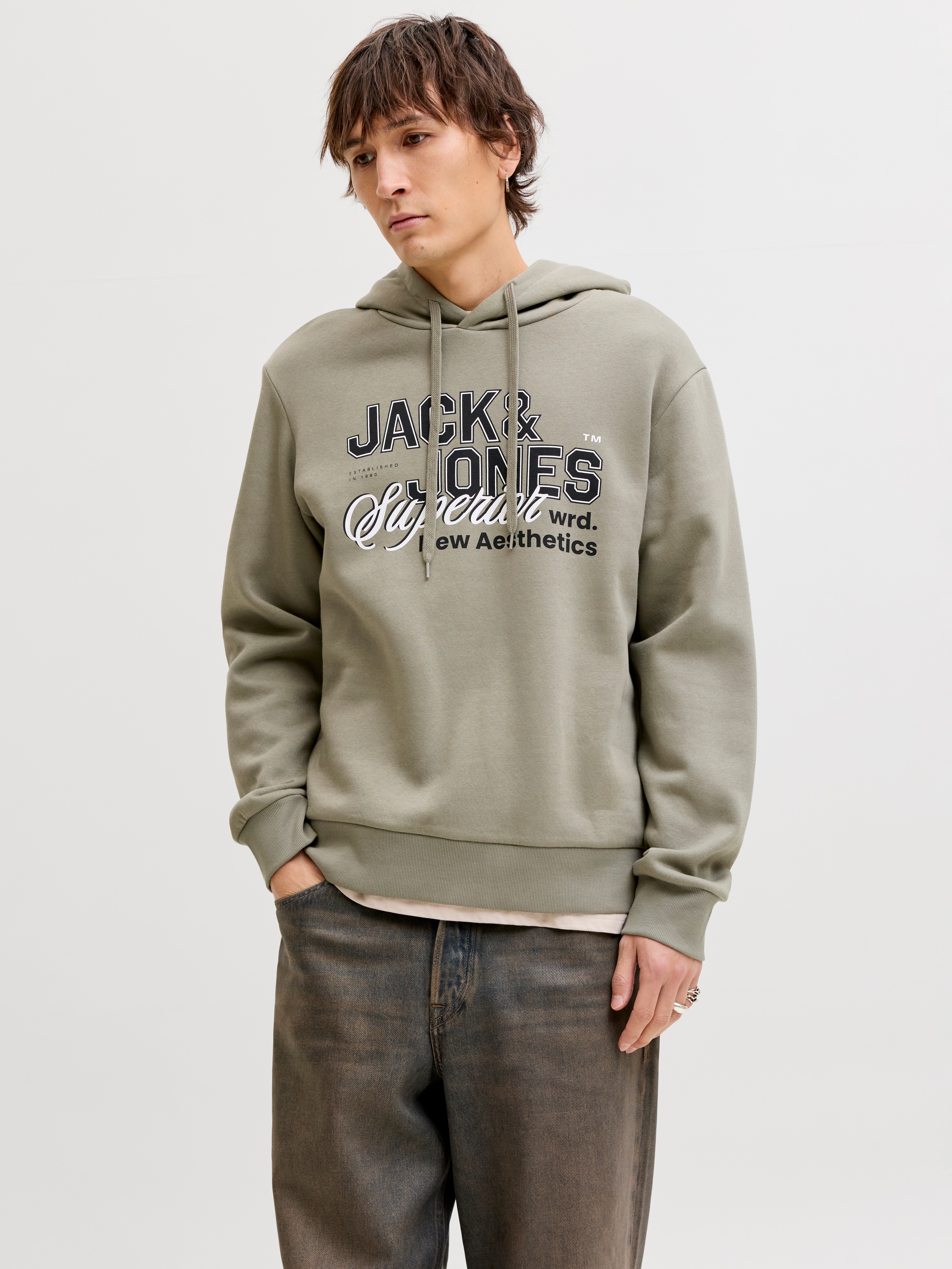 Kapuzensweatshirt JACK & JONES "JJELOGO SWEAT HOOD 2 COL 25/26 NOOS", Herren, Gr. XL, vetiver, angeraute Sweatware, Obermaterial: 70% Baumwolle, 30% Polyester, bedruckt, regular fit normal, Rundhals, Rippbündchen, Sweatshirts, mit stylischem Print