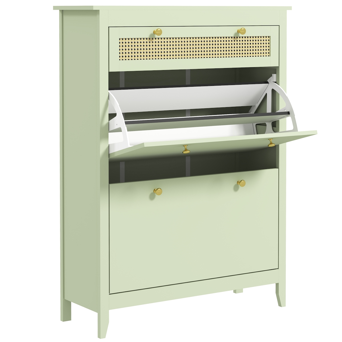 MODFU Schuhschrank Schuhkommode 88x30x120 cm Grün mit 2 Klappen und Schublade in Rattanoptik, platzsparender Stauraum für Flur und Eingang Image