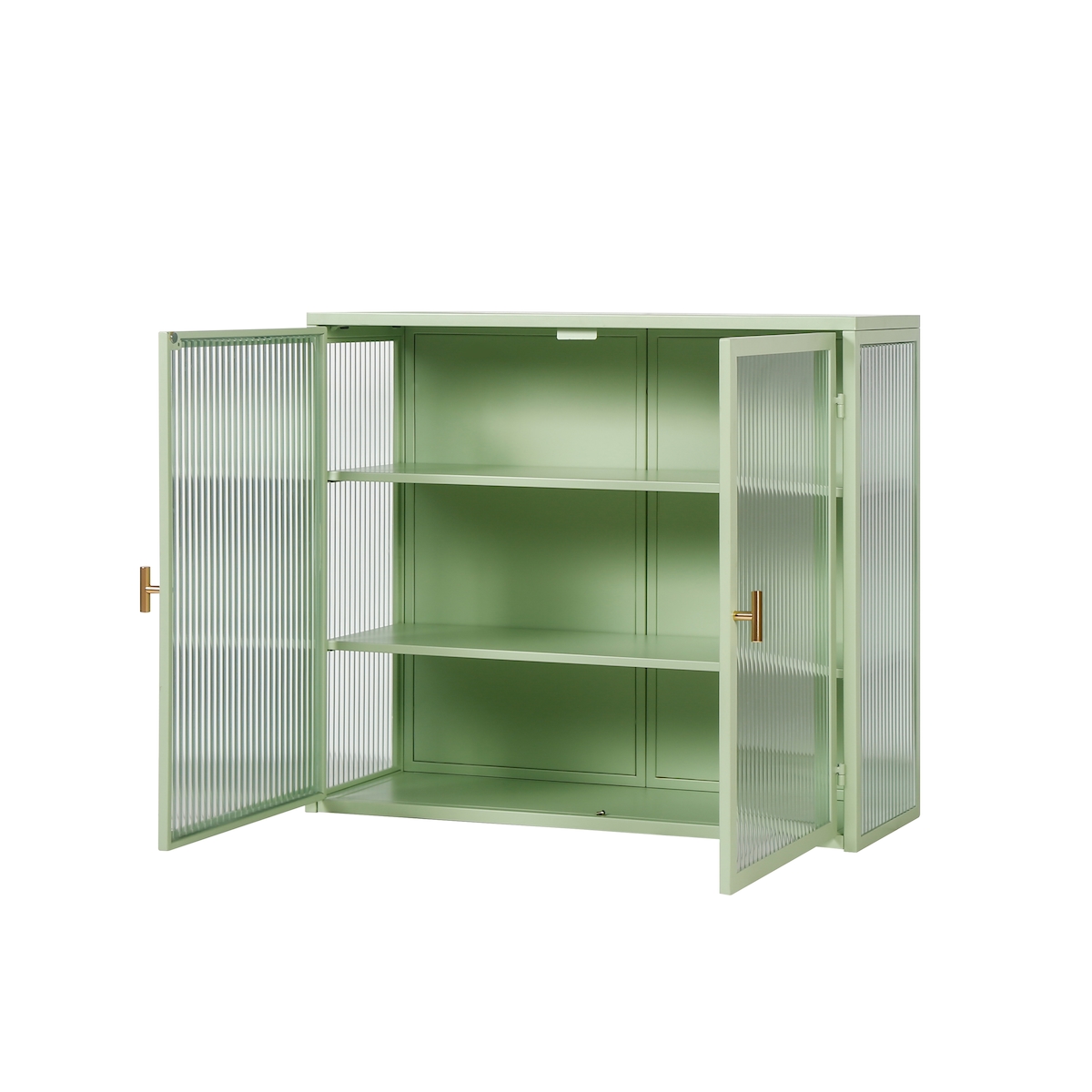 MODFU Wandschrank Sideboard aus Metall und Glas Mintgrün 60x70x23 cm mit 2 Glastüren 3 Ebenen abnehmbarem Regal zur Wandmontage oder freistehend Image