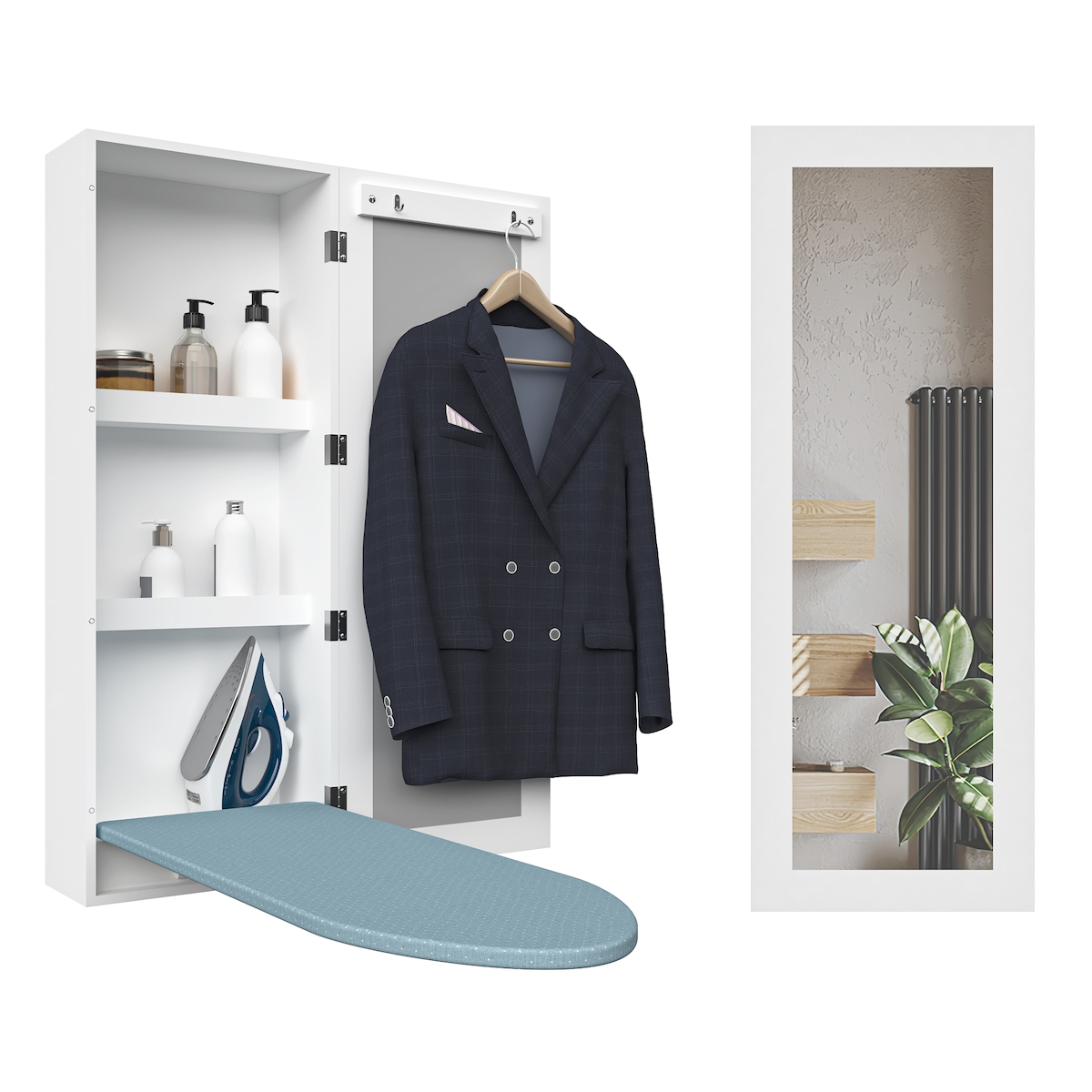 STILVORA Bügelbrettschrank Wandmontage Spiegel Weiß 94x34x18 cm mit klappbarem Bügelbrett, 2 Fächern, Türhaken, MDF Korpus, platzsparend Image