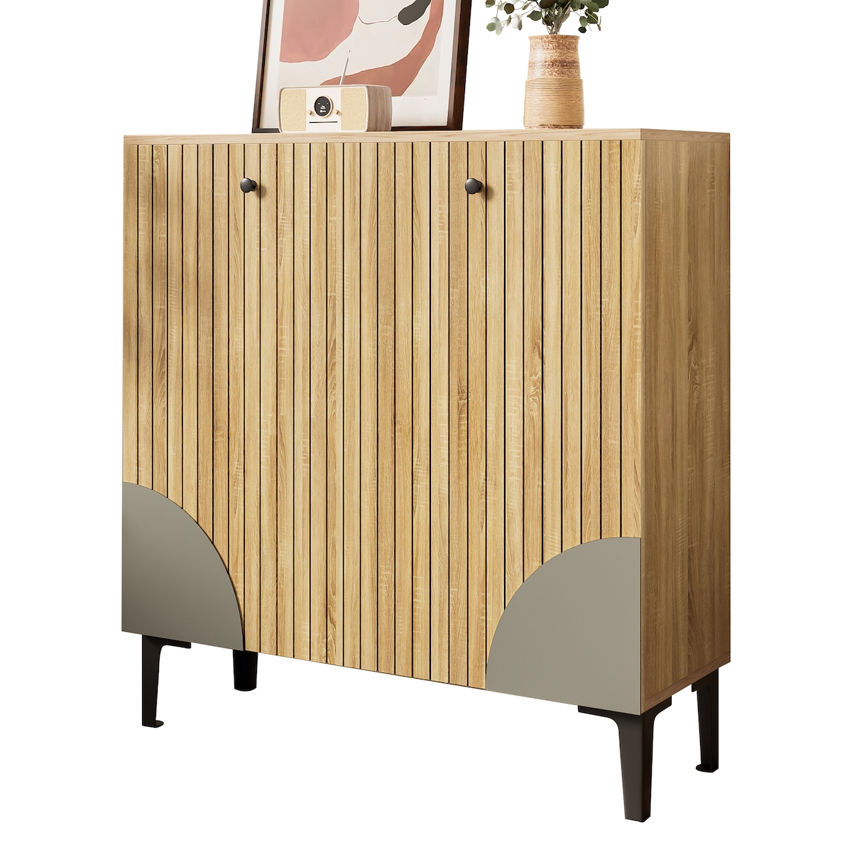 STILVORA Schuhschrank 90x32x94 cm Holzoptik Natur mit 3 Türen und Ablage, Einlegeböden für Flur und Diele, schwarzes Gestell Image