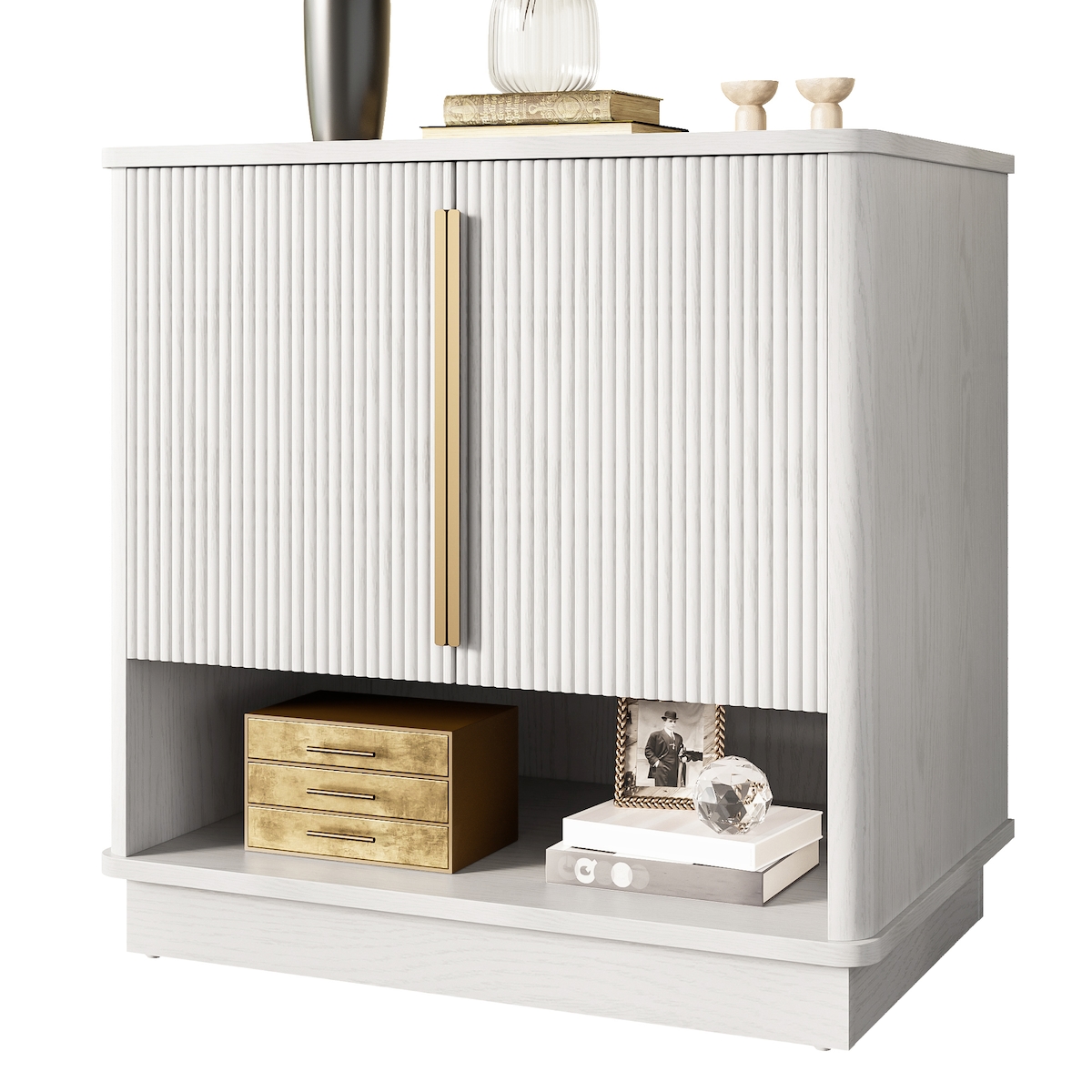 OKWISH Schuhschrank 60x40x61 cm Weiß+Holzoptik mit 2 Türen offenem Fach verstellbaren Einlegeböden MDF Korpus goldfarbenen Zinkgriff Image