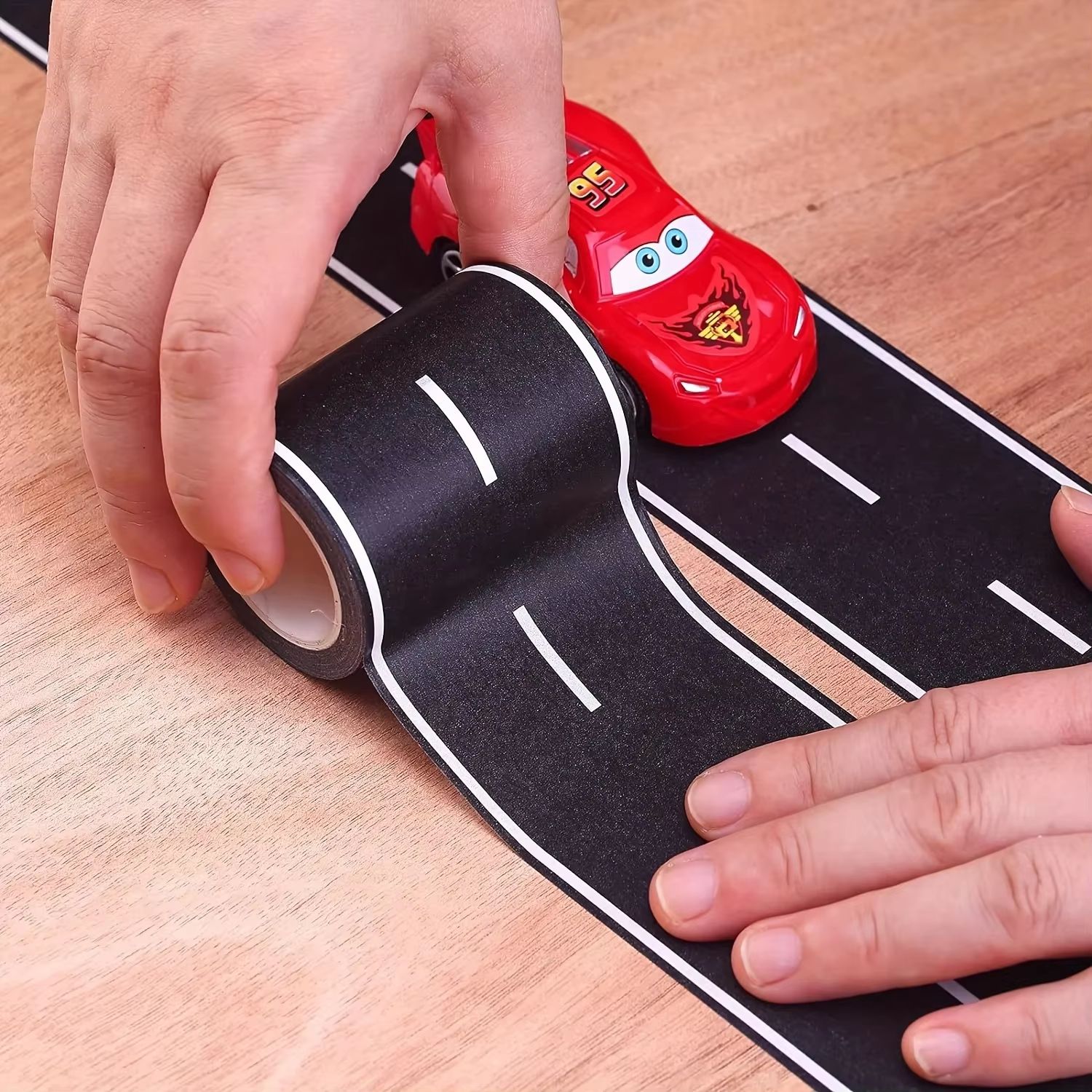 Reusable Road Tape Stickers Cartoon Race Track Decor In Black Polyurethane For Parties And Toy Car Play 2rolls