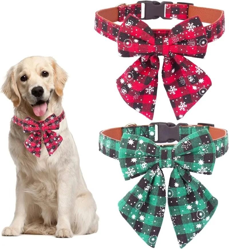 Christmas Dog Collar With Classic Plaid Bow Tie green m