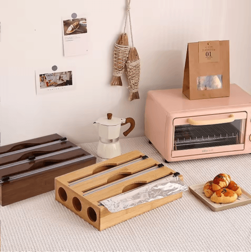 Bamboo Cling Film Tin Foil Cutter Box Kitchen Organizer With Built In Cutter 1 Pc s019y3