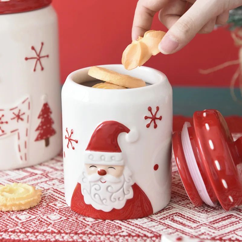 Santa Claus Christmas Ceramic Cookie Jar & Serving Plate Set Holiday Tableware For Cookies, Desserts & Snacks c