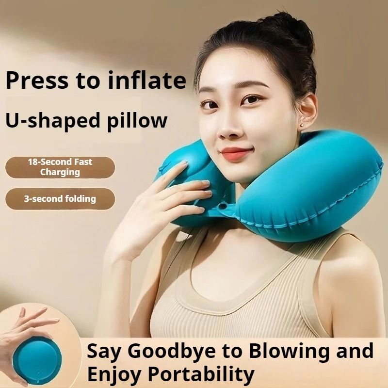 U shaped Flocking Inflatable Neck Pillow Portable Compression Travel Pillow For Outdoor Camping And Hiking black