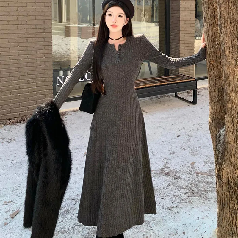 Elegant Slim High Waist Knit Dresses For Women, Autumn Winter Long Sleeve Thick Warm Dress, Vintage Streetwear dark Grey xl