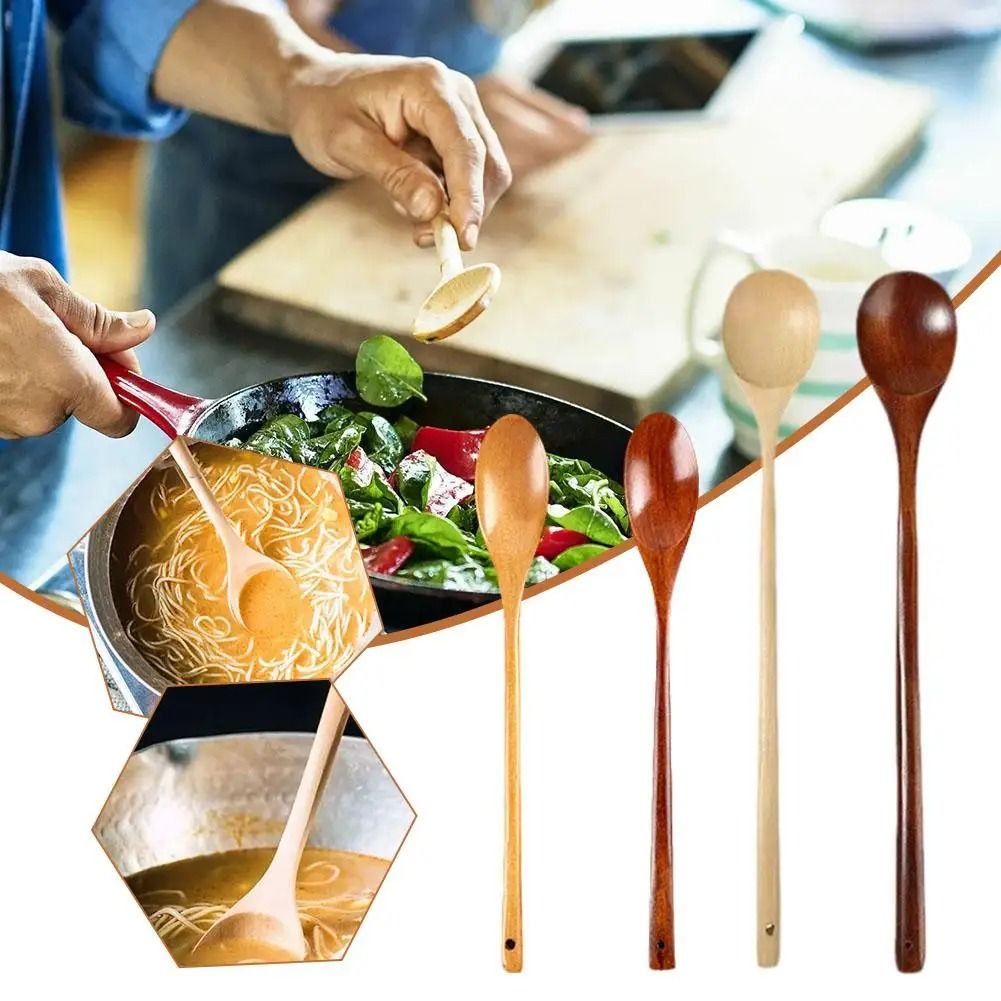 Natural Long Handle Wooden Spoon Durable Wooden Cooking Spoon For Soup Stirring And Serving b 1 Piece