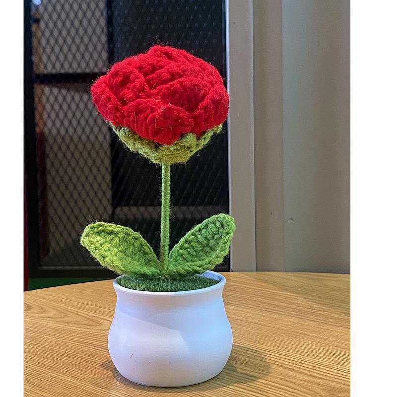 Handwoven DIY Mini Rose Potted Flower Woolen Thread Finished Home Decor For Office And Desktop pink