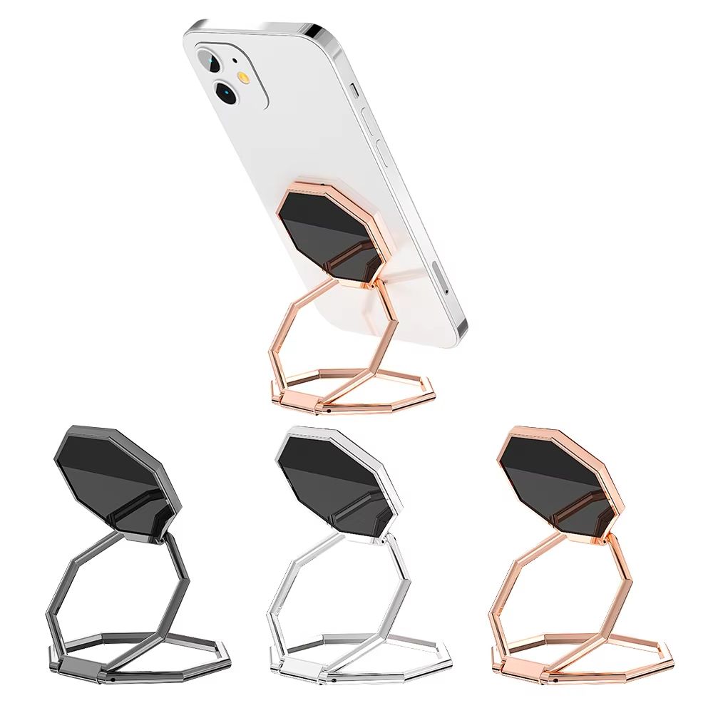 360 Rotating Foldable Phone Stand With Ultra Thin Metal Ring Holder And Multi Angle Kickstand hexagon Black