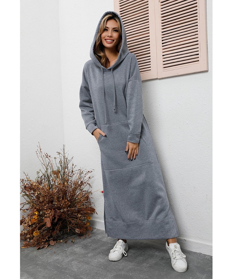 Winter Warm Midi Robe Hooded Long Sweatshirt Dress Casual Vestidos dark Grey s