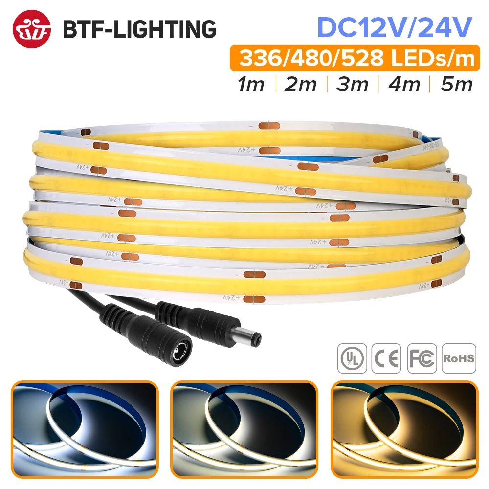 FCOB High Density COB LED Strip Light (RA90), 12V 24V Linear Dimmable Warm Natural Cool White 3000k Warm White 24v 528 Leds 10m