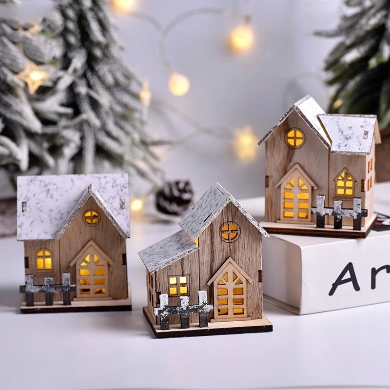 Luminous Cabin Christmas LED Light Wooden House, Merry Christmas Decorations For Home, DIY Xmas Tree Ornaments, Kids c
