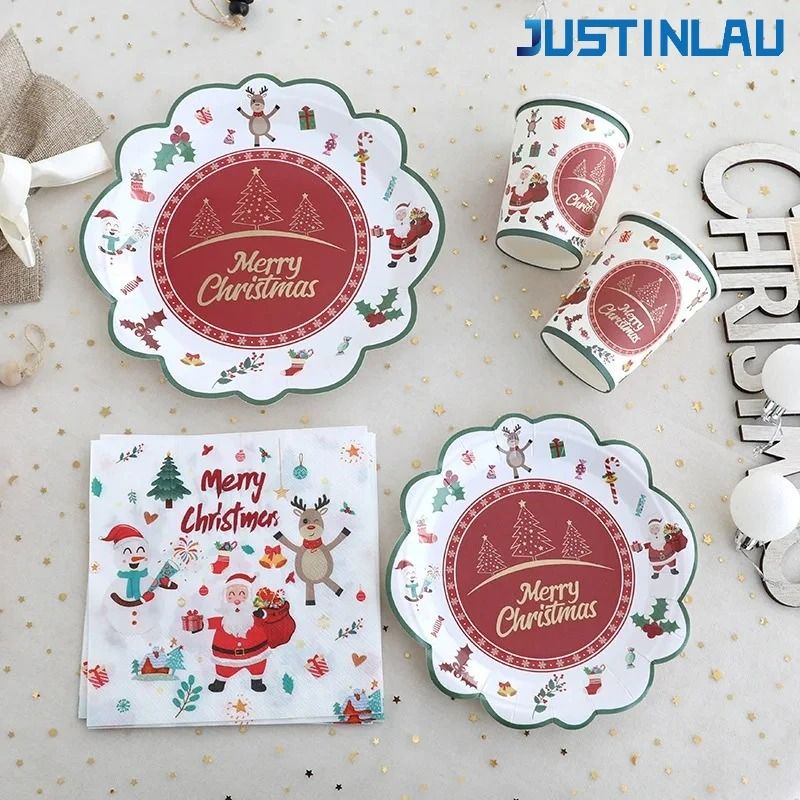 JUSTINLAU Deluxe Christmas Cutlery & Disposable Tableware Set Festive Plates, Cups & Decor 50 Pcs Set A