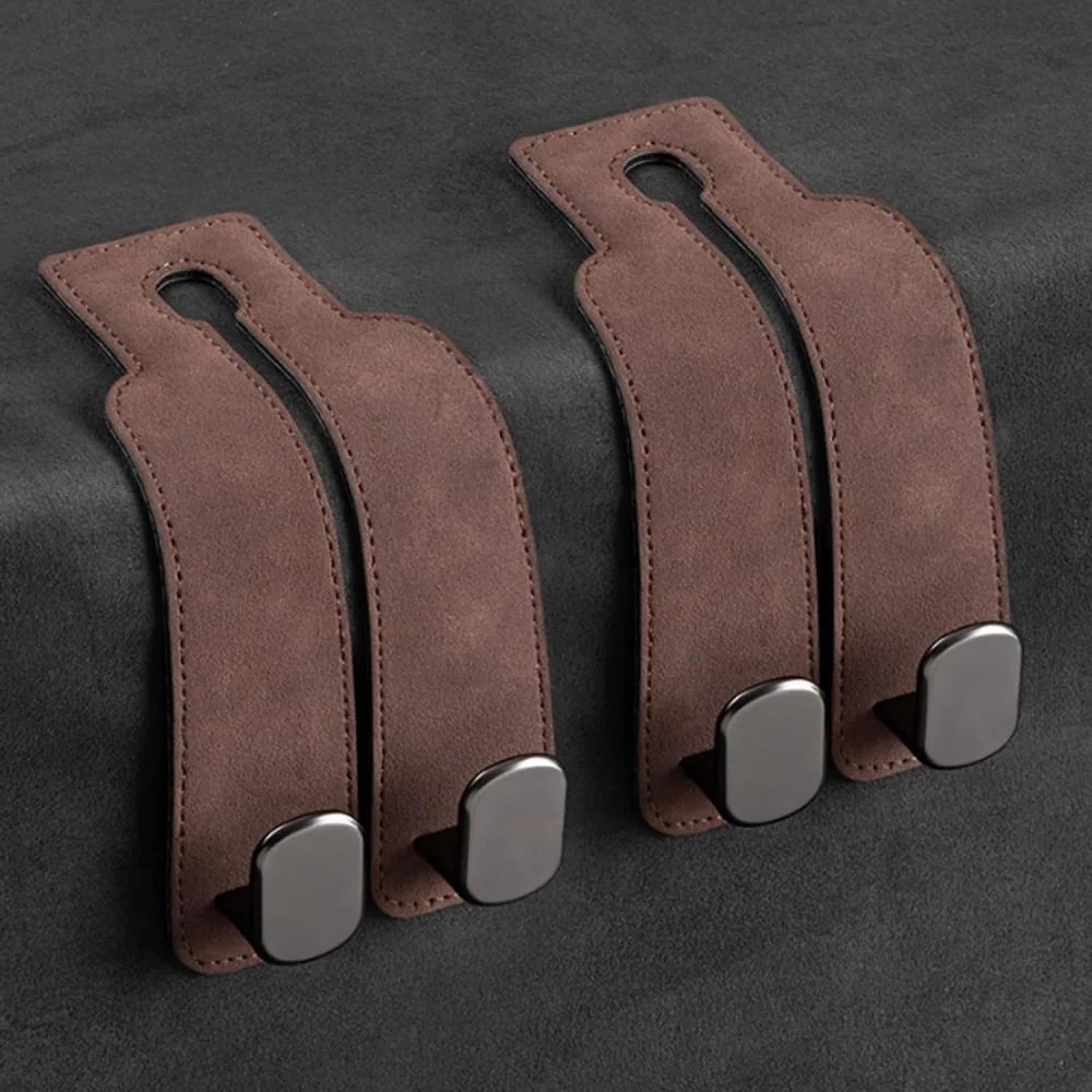 Premium Leather Car Headrest Hook Organizer Space Saving Purse & Grocery Bag Hanger brown 2pcs
