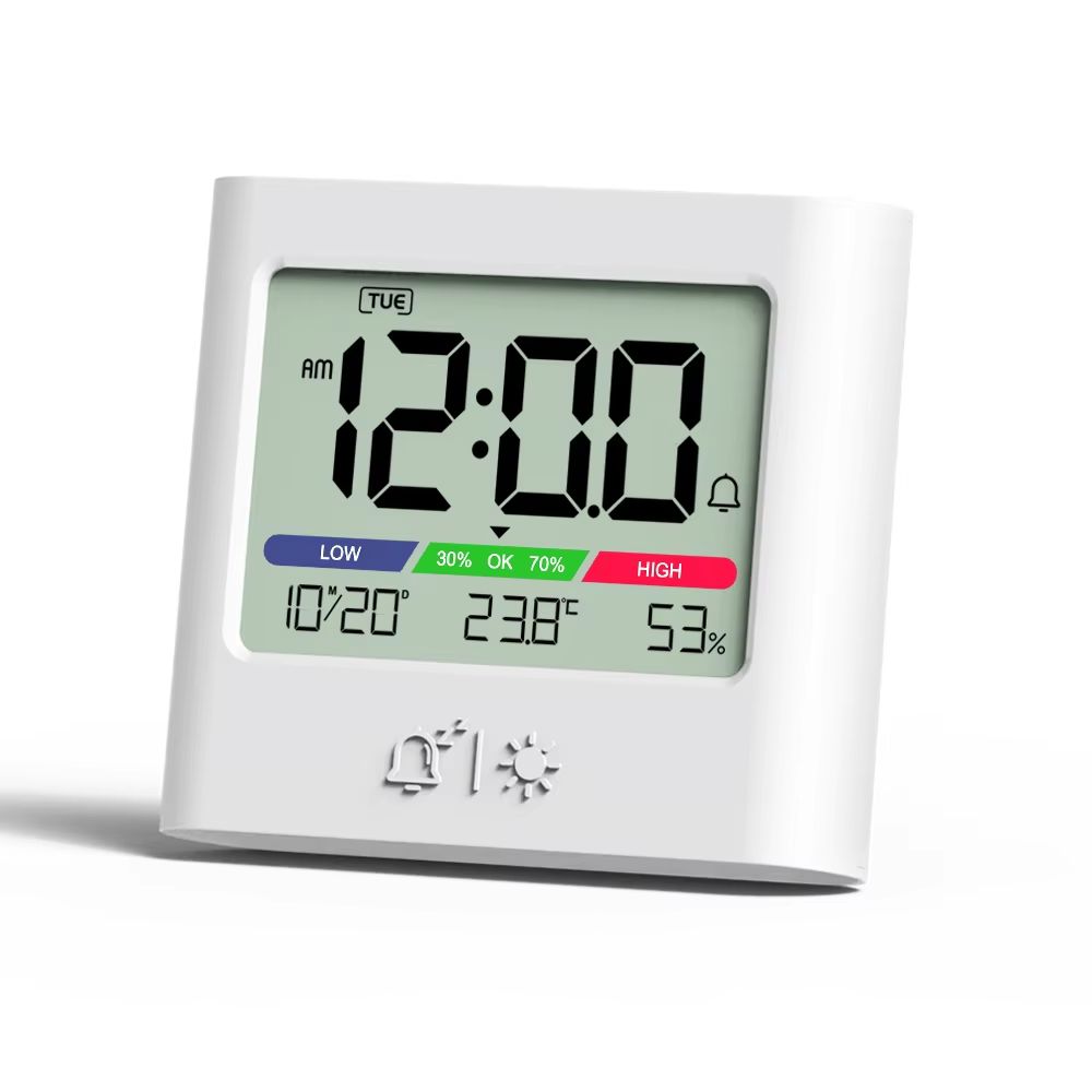 Digital Alarm Clock With Thermometer, Hygrometer, Backlight, Date And Week Display white
