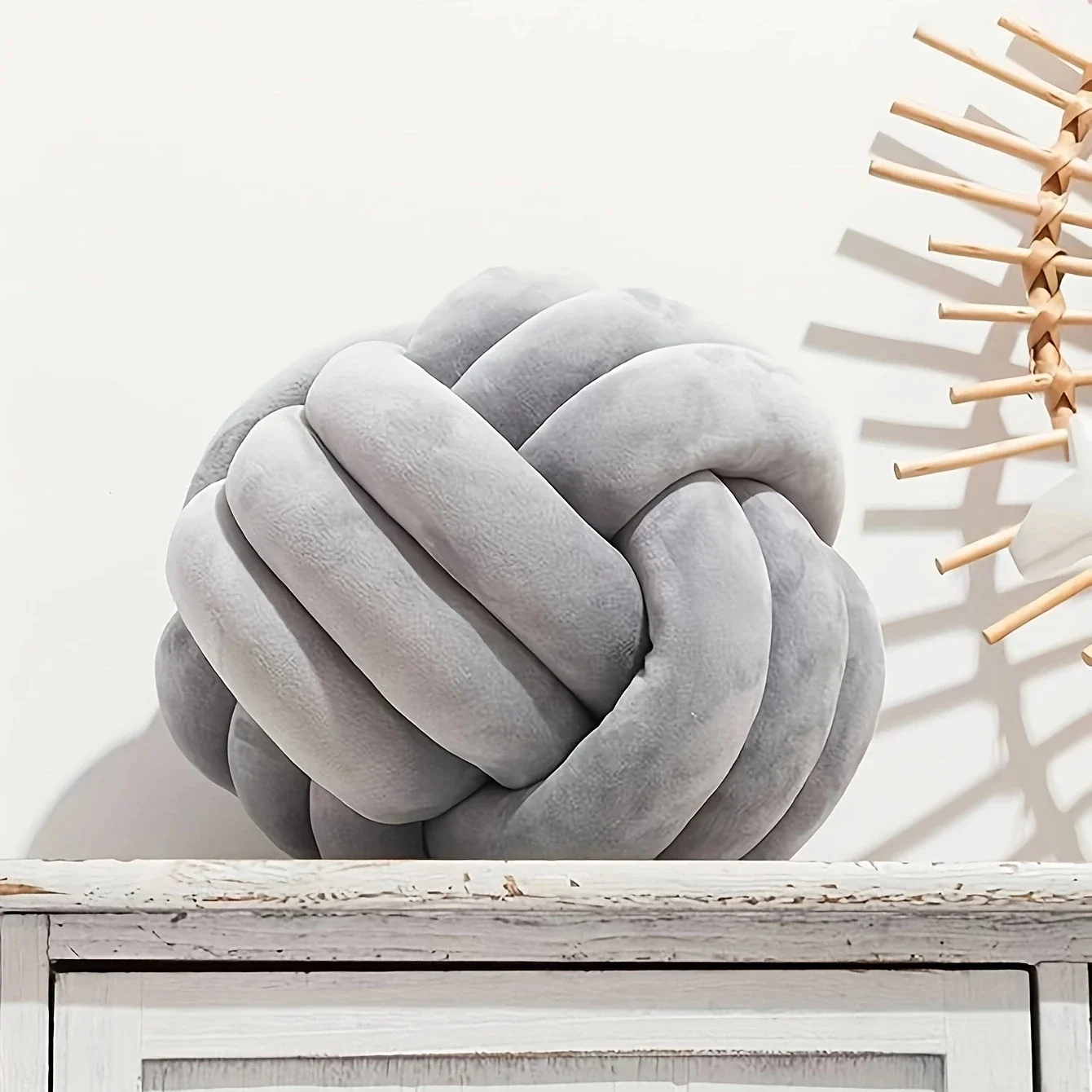 Soft Handwoven Knotted Ball Pillow Plush Round Throw Pillow Bed Home Decor Accent light Grey m