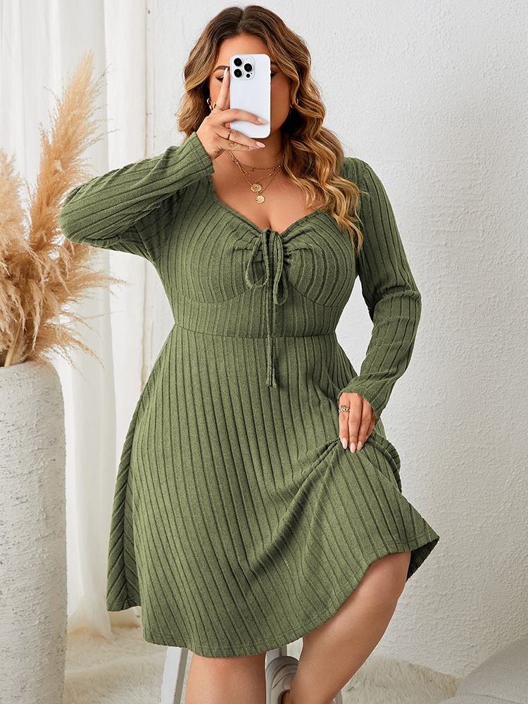 Sweetheart Neck Knot Front A Line Dress For Women, Fall Vintage Ribbed Knit Long Sleeve Casual Winter Dresses apricot xl