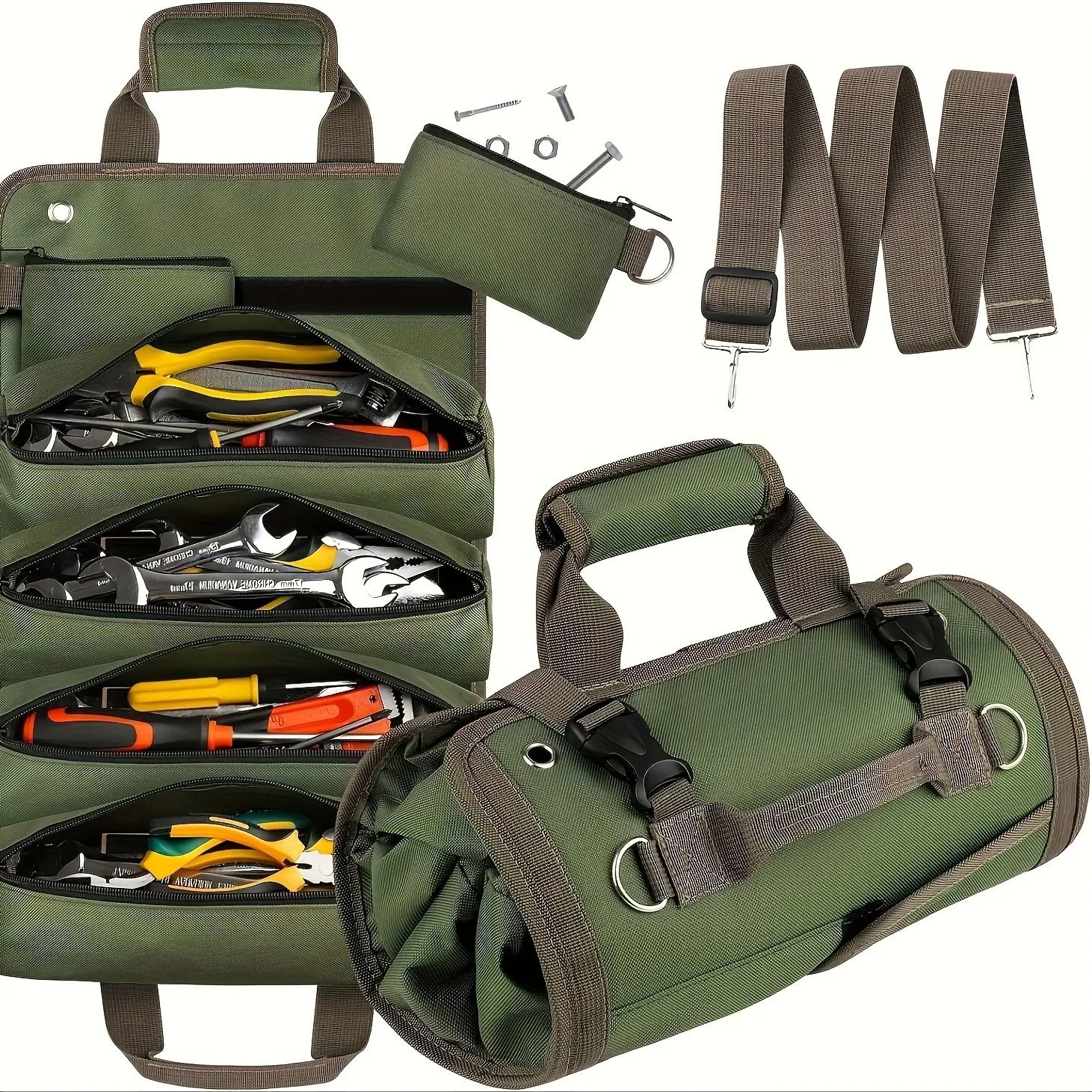 Heavy Duty Roll Up Tool Bag Professional Multi Pocket Oxford Fabric Organizer green