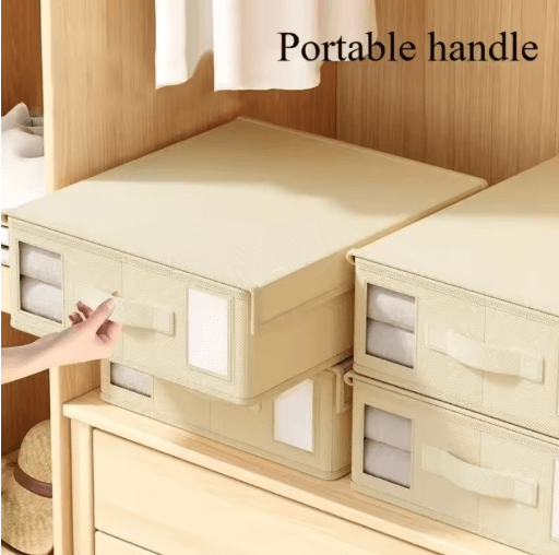 Foldable Thick Fabric Bedding Storage Box Zippered Organizer With Window For Sheets & Blankets (Closet Use) beige 1pc