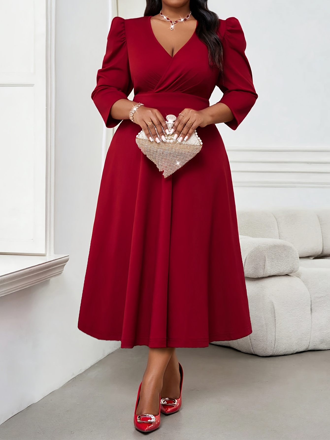 Elegant Red Dress For Large Sized Women, High End Womens Wear, Spring And Autumn Three Quarter Sleeves red 4xl