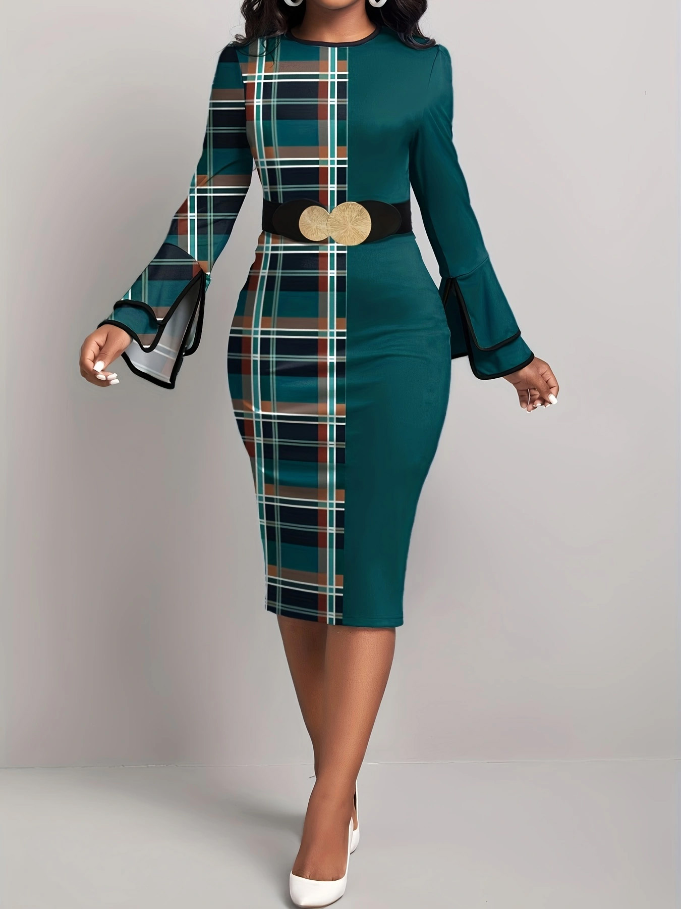 Womens Dress Plaid Patchwork Green Round Neck Tight Dress, No Belt, Stylish Casual Fit For All Occasions green s